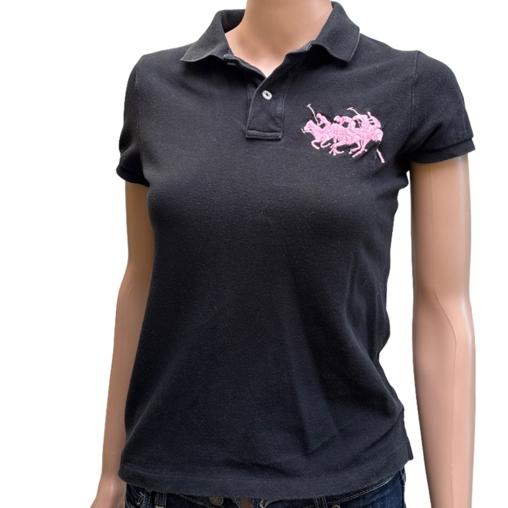 Ralph Lauren Black Fitted Cotton Polo Top with Pink Logo Small